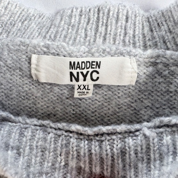 Madden NYC Cropped Sweater – XXL Puff Sleeve, Silver Shimmer Knit, Cozy Cute - Picture 2 of 3
